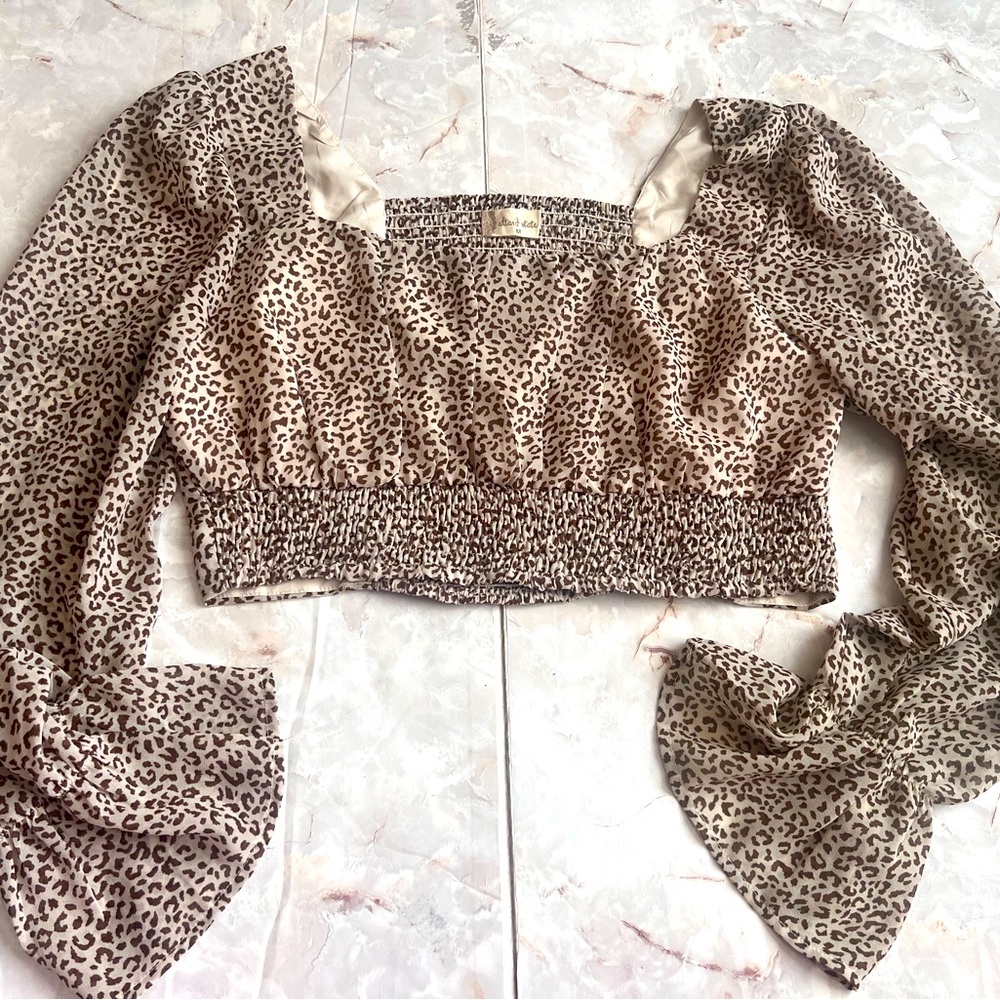 Altar’d State Mocha Animal Print Leopard Cropped Boho Smocked Top Sz Medium